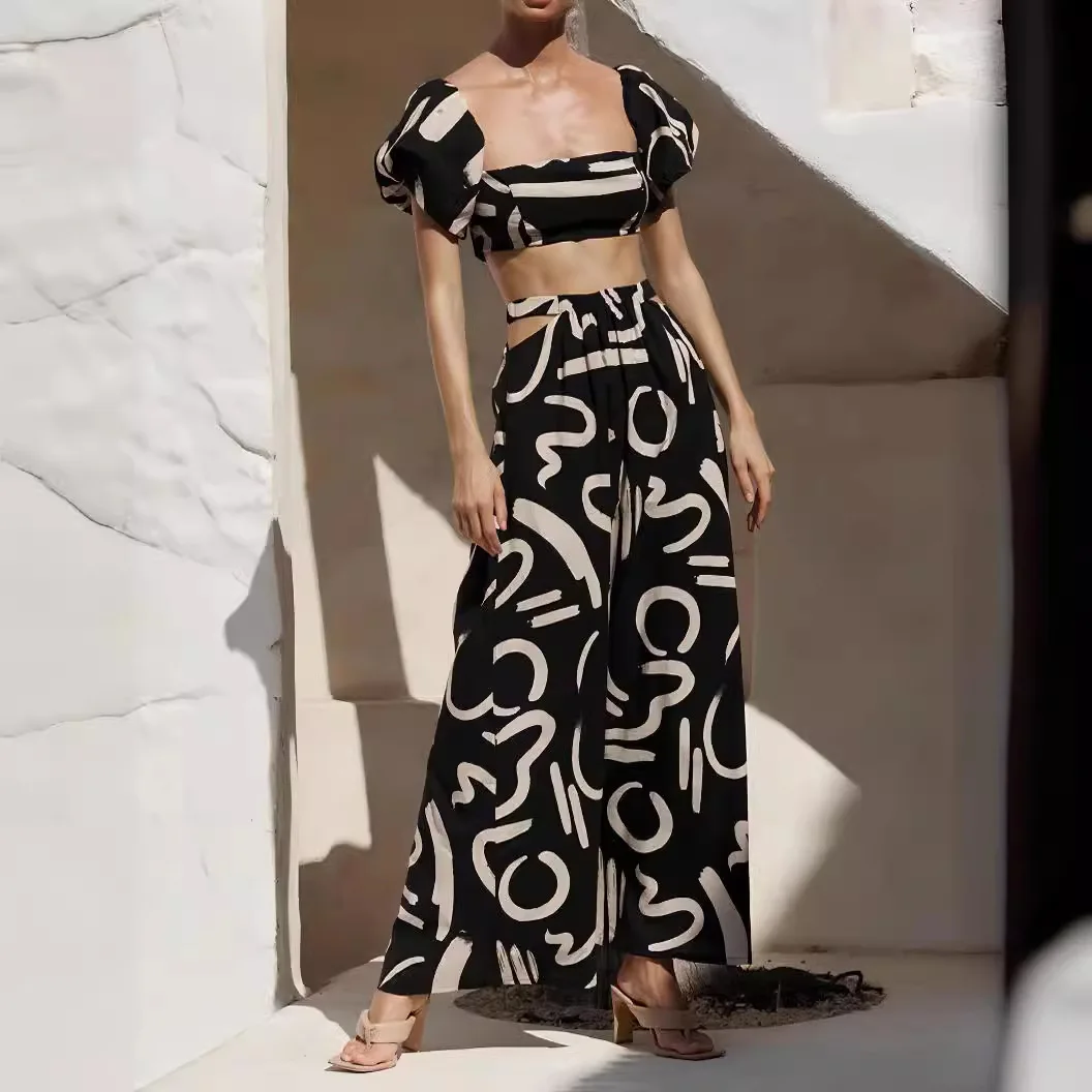 

Women's Summer New Bubble Sleeve Top Hollow Large Swing Long Dress Split Skirt Set