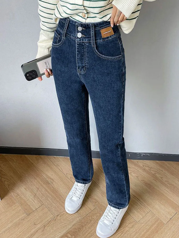 ผู้หญิงสบายๆวินเทจตรงกางเกงยีนส์เกาหลีแฟชั่นเอวสูงStreetwearยืดกางเกงยีนส์กางเกงฤดูใบไม้ผลิฤดูใบไม้ร่วงผอมSolid Vaqueros