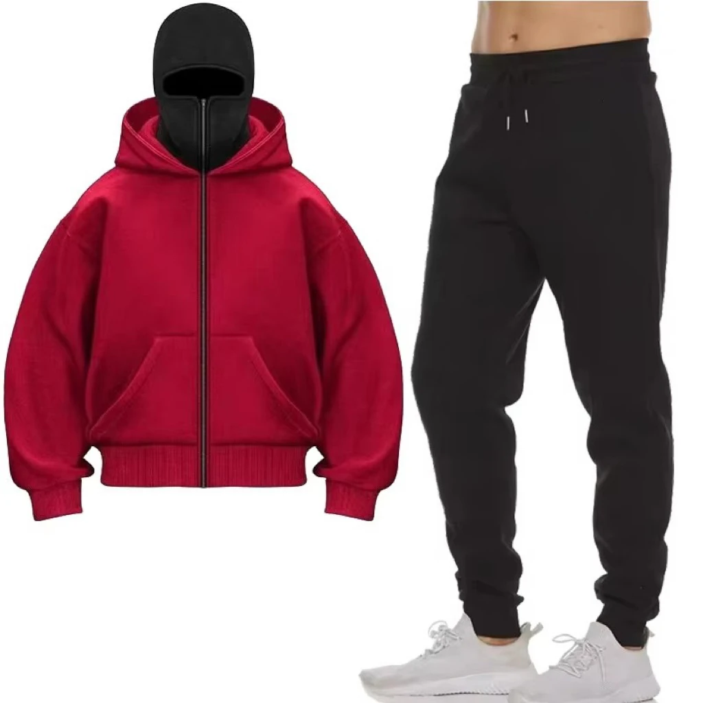 Men's Y2K Autumn/Winter Fashion Warm Hoodie Set Designer Hooded Jacket & Pants Two-Piece Jogging Sportswear for Motorcycle Ridin