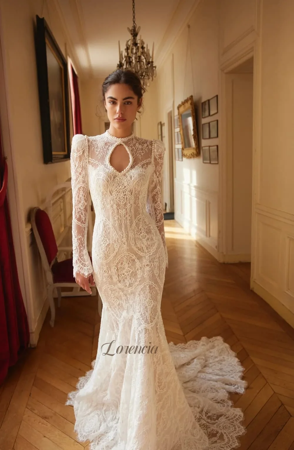 Lorencia Long Sleeves Lace Mermaid Wedding Dresses High Neck Open Back Fitted Bridal Gowns Customized Trumpet Bride Dresses