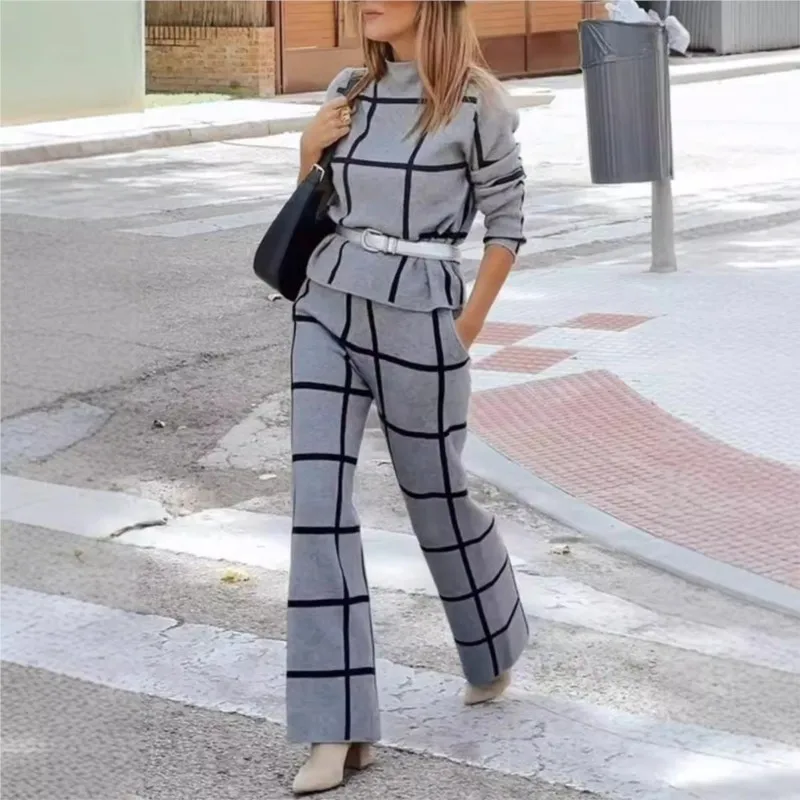 

Autumn Winter Fashion Pant Sets Semi High Neck Long Sleeve Plaid Women Tracksuits Slim Pants Pocket Female Elegant Office Suit