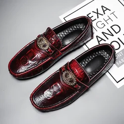 Retro Red Men's Crocodile Shoes Handmade Luxury Genuine Leather Shoes Men Formal Loafers Italian Moccasins Male Driving Shoes