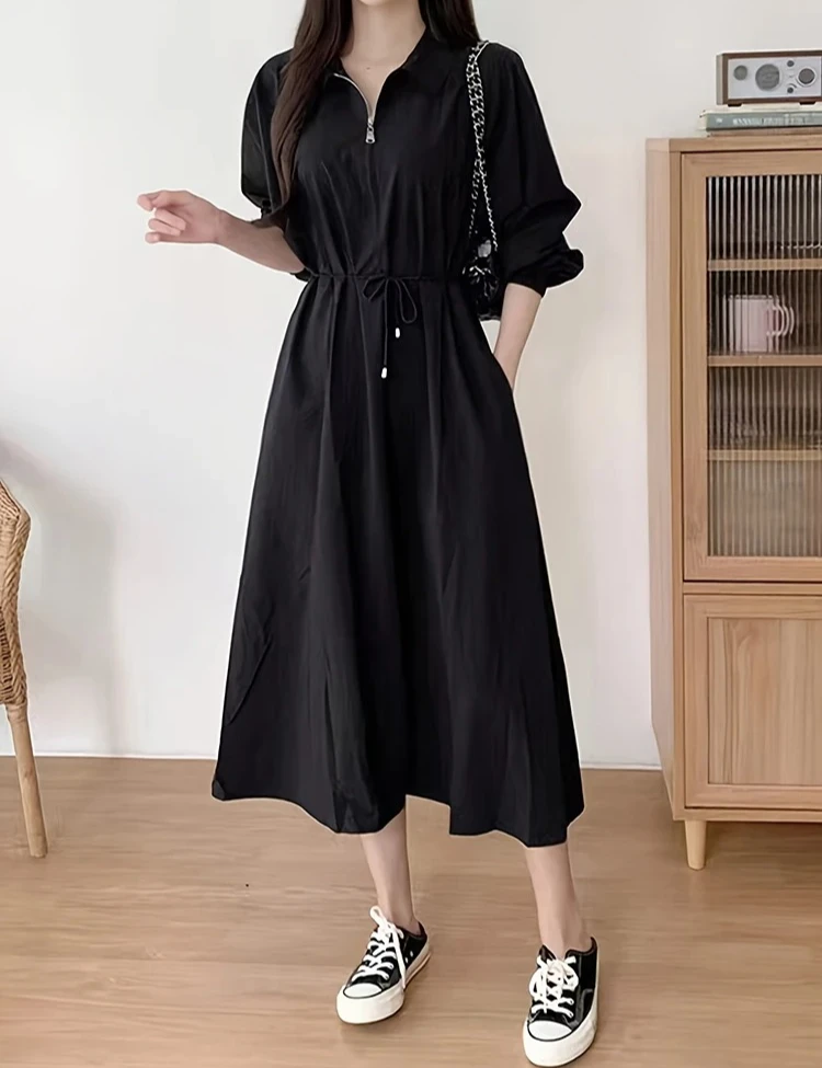

New In Dresses Zipper Shirt Dress A-line Solid Midi Long Dresses With Sleeves Elegant Women's Dresses Woman Clothing