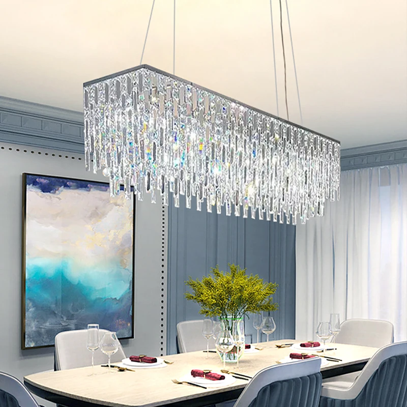 

Luxury Crystal Long Pendant Lights Modern Lustres Led Chrome Hanging Lamps For Ceiling Silver Home Decor For Dining Room Remote