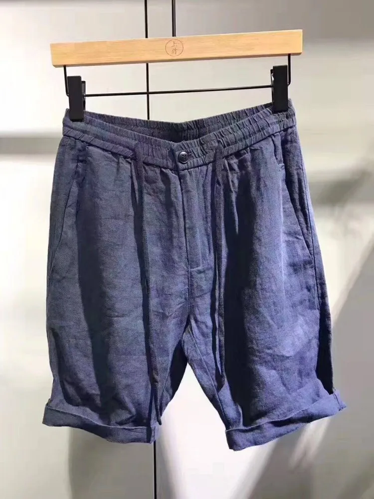 Summer Mens Cotton Linen Knee Length Shorts Slim Fit Elastic Waist Casual Trousers Holiday Beach Shorts Streetwear Solid Colors