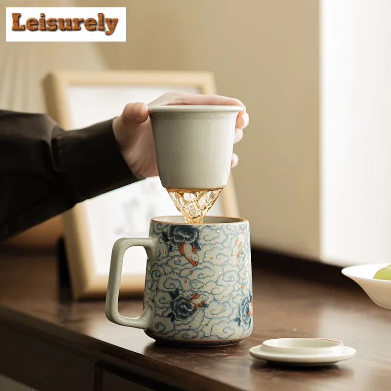 

400ML Ru Kiln Porcelain Cloud Rabbit Filter Tea Separator Cup Antique Tea Mug With Infuser Tea Maker Office Water Cup Craft Gift
