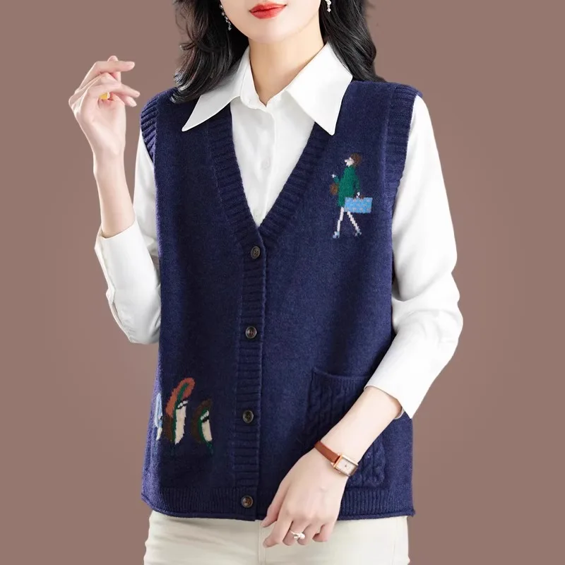 

Women Knitted Waistcoat Spring Autumn V-Neck Single-breasted Sleeveless Vest Female Casual Chic Tops Knitwear