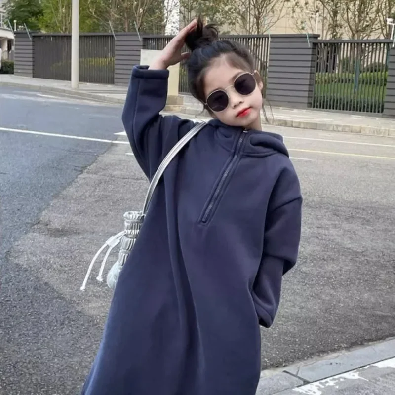 Girls' 2025 AW New Korean-Style Stylish Slouchy Half-Open Casual Hooded Fleece-Lined Sweatshirt Dress Over-Knee for 4-12Y