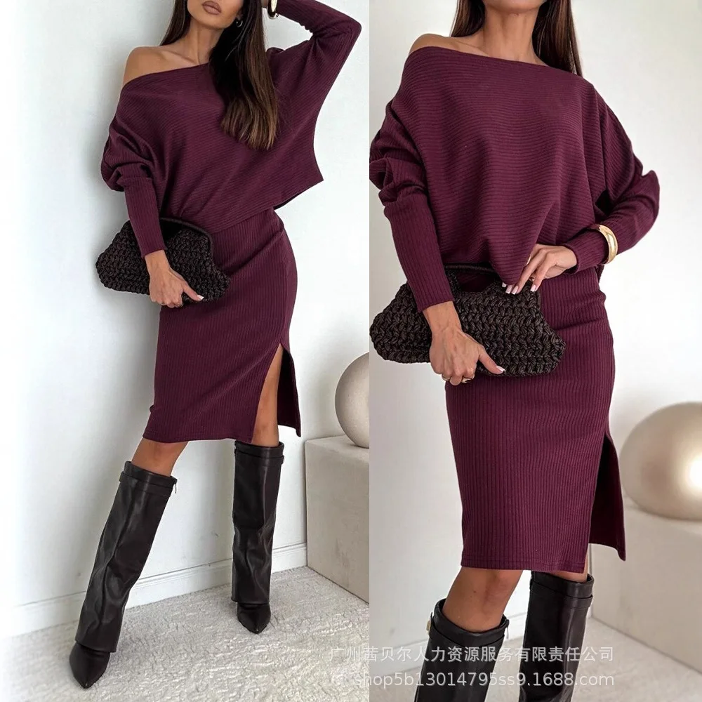 

2026 New Wine Red Off Shoulder Pitted Stripe Long Sleeve Mid Length Skirt Side Slit Commute Casual Women Suit