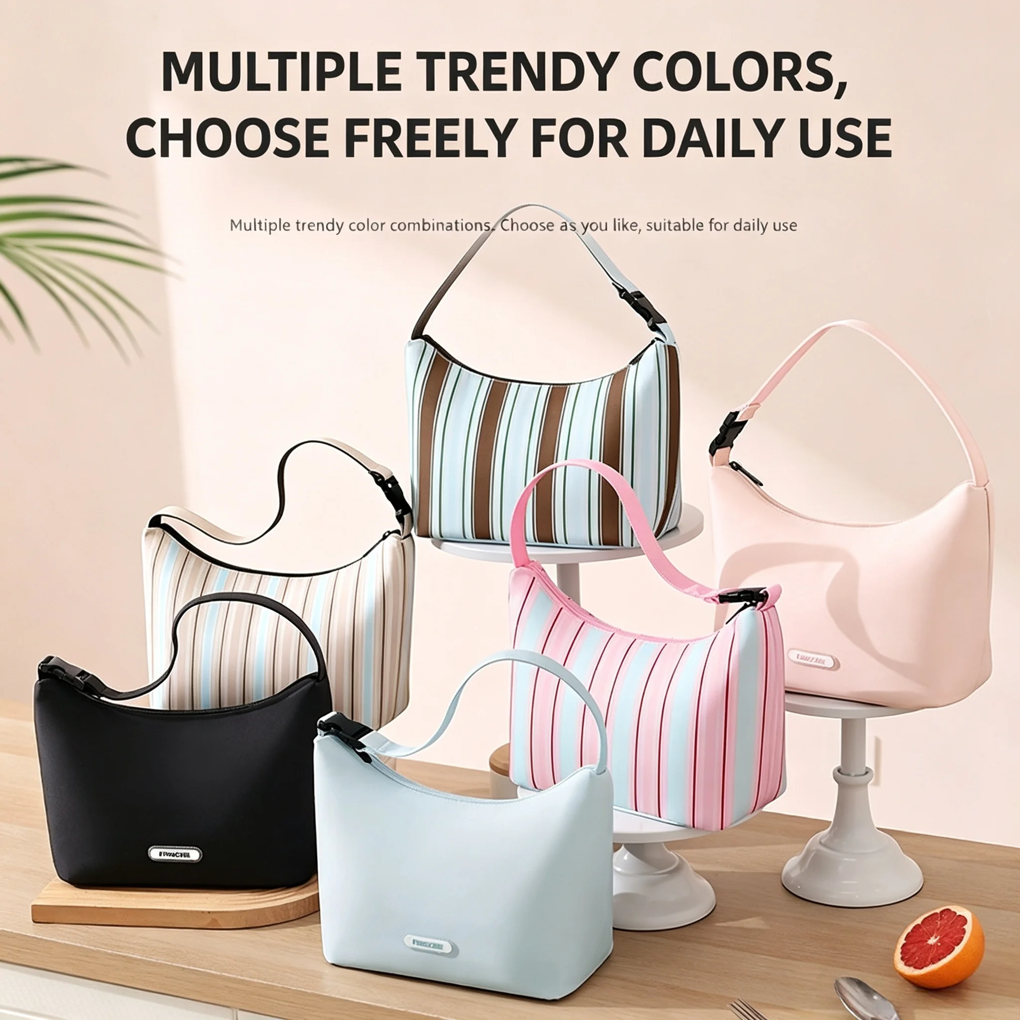 Striped Insulated Lunch Bag Large Capacity Thermal Food Handbag, Portable Crossbody Lunch Tote for Office Worker Student