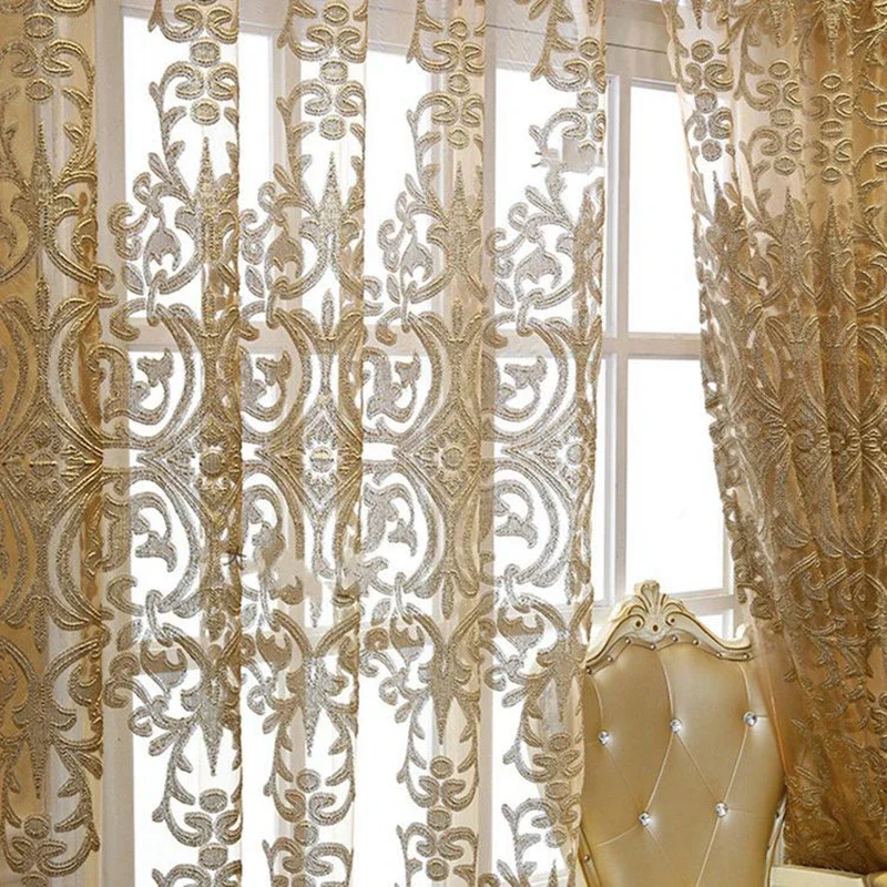 Luxurious Europe Gold Embroidery Tulle Curtains for Living Room Romantic Semi-Sheer Jacquard Voile Door Window Drapes ZH431H