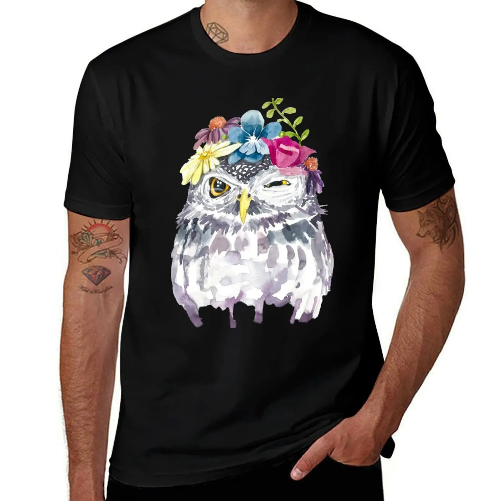 Watercolor Floral Owl T-Shirt Holiday Outdoor T-Shirt