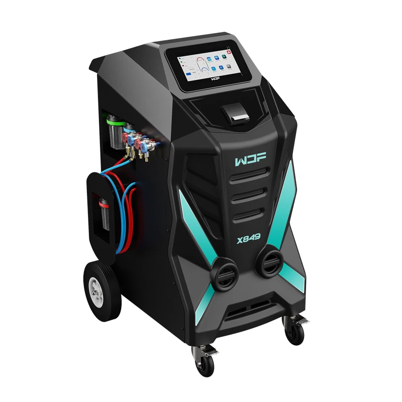 Máquina de reciclaje de refrigerante de doble gas X849 totalmente automática para coches de gasolina/híbridos/eléctricos con refrigerante R134A/R1234YF.