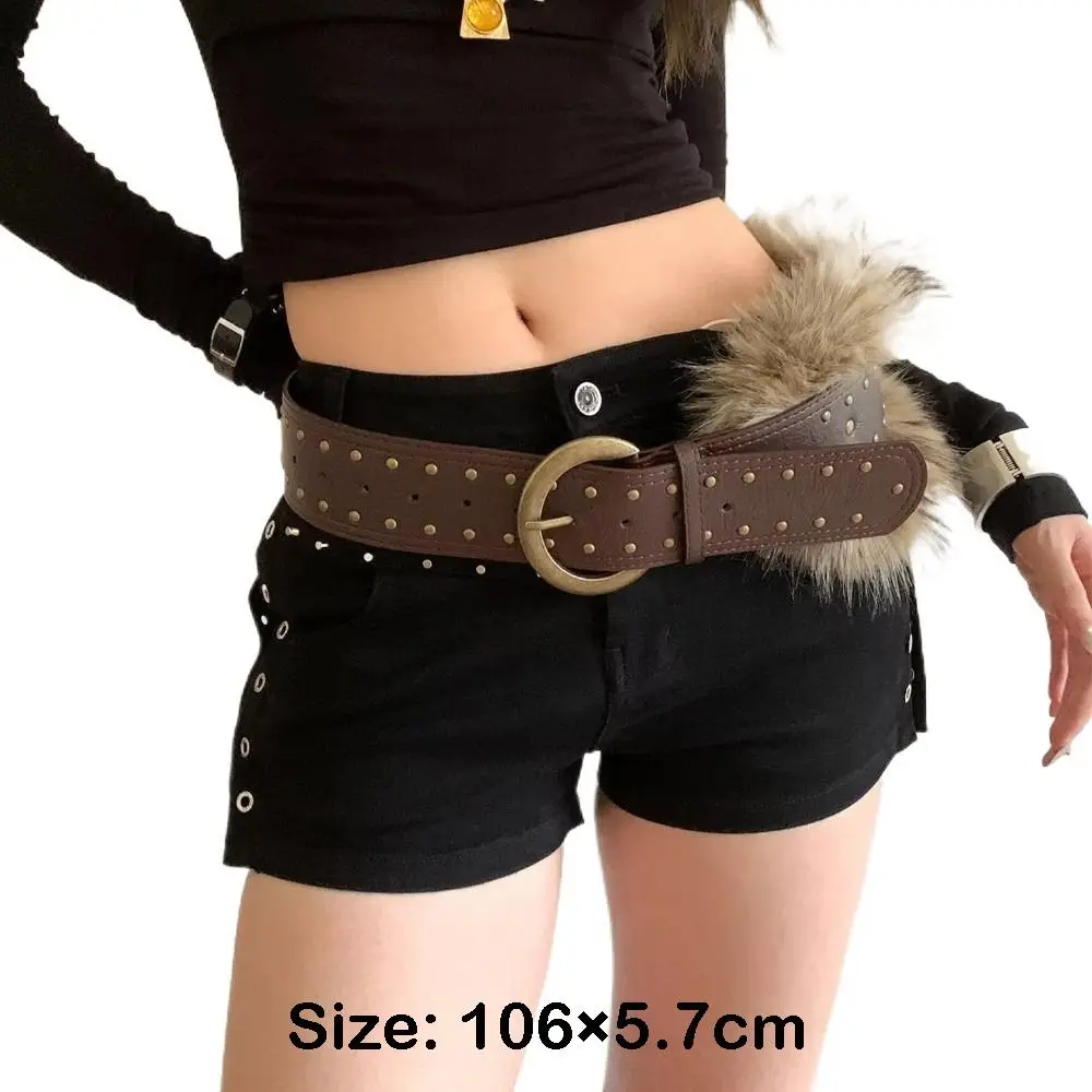 Cintura punk retrò di alta qualità Cintura da donna in pelliccia sintetica marrone Cintura larga in pelliccia con rivetti Accessorio per la vita da donna