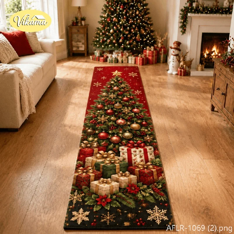 VIKAMA Bell & Gift Flannel Long Runner Rug, Non-Slip Quick Dry Floor Runner, Decor for Kitchen Hallway Laundry Room Entryway
