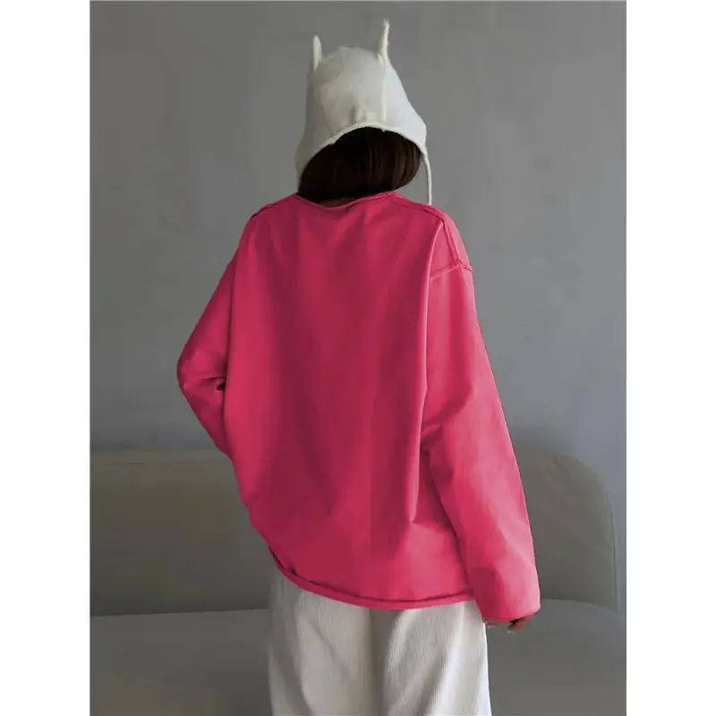 YLS- تي شيرت نسائي كبير الحجم بأكمام طويلة تي شيرت أساسي برقبة دائرية ملابس خريفية غير رسمية للتمرين Y2K