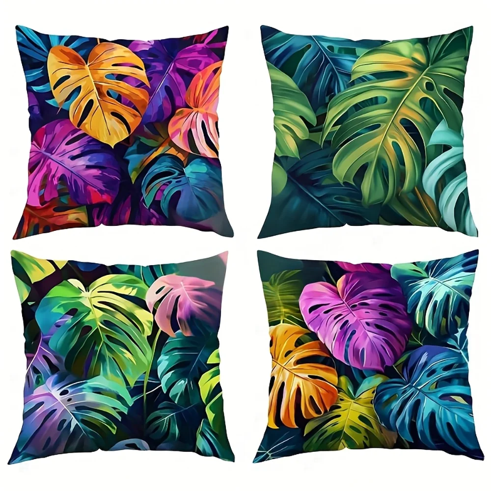 1PC 2D Flat Tropical Monstera Leaf Throw Pillow Covers Bohemian Vibrant Tropical Plants Cushion Cases for Home No Pillow Core