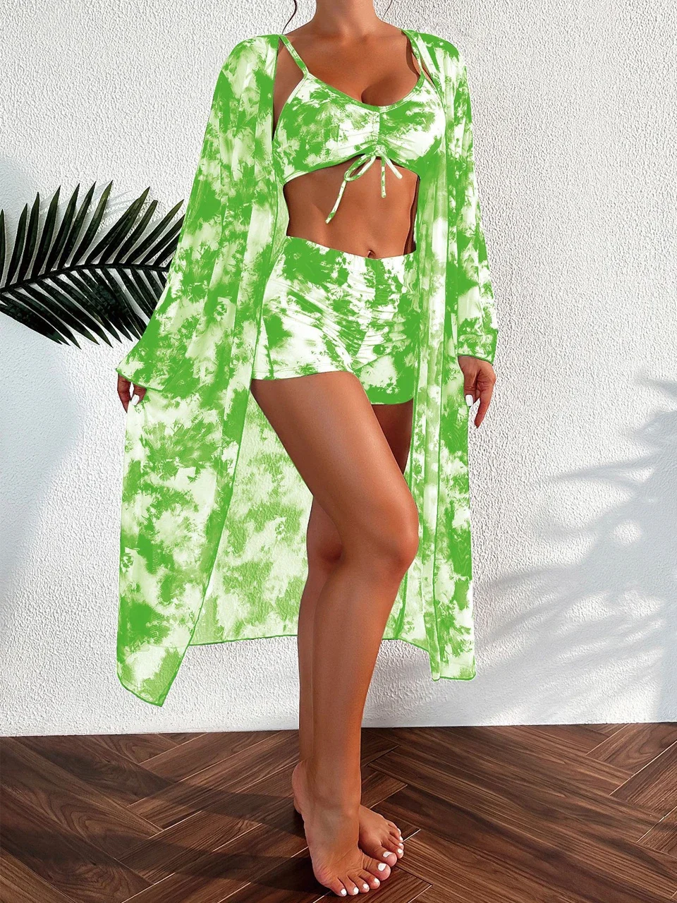 3 Pieces Tie Dye Bikinis Swimsuit 2023 New Women Drawstring Front Swimwear Female High Waist Shorts Beachwear Bathers Swim Suit