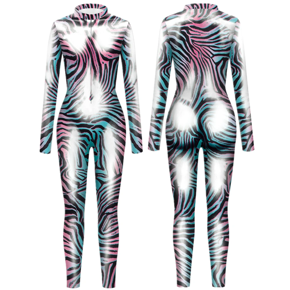 Imagem Térmica Manchas Densas Leopardo Zebra Macacão para Mulheres, Sexy Catsuit, Carnaval Cosplay Trajes, Zentai Halloween Bodysuit