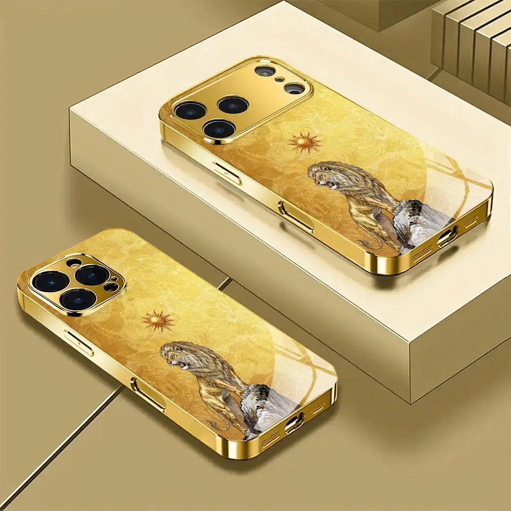 Golden Lion Sun Pattern Phone Case Electroplated Glass Case Compatible with IPhone 11 12 13 14 15 16 17 18 Series Max Pro Plus