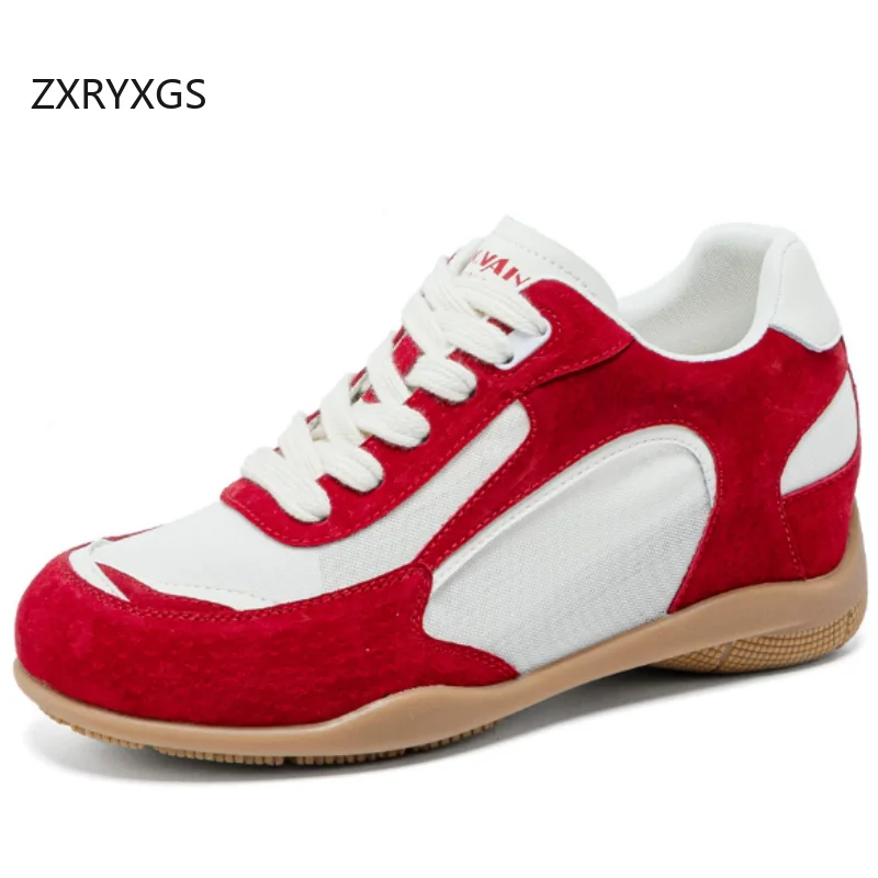 ZXRYXGS 2026 New Summer Cowhide Mesh Sneaker Breathable Spell Color Women Trendy Sneakers Sandals Flat Inside Increase Shoes 7cm