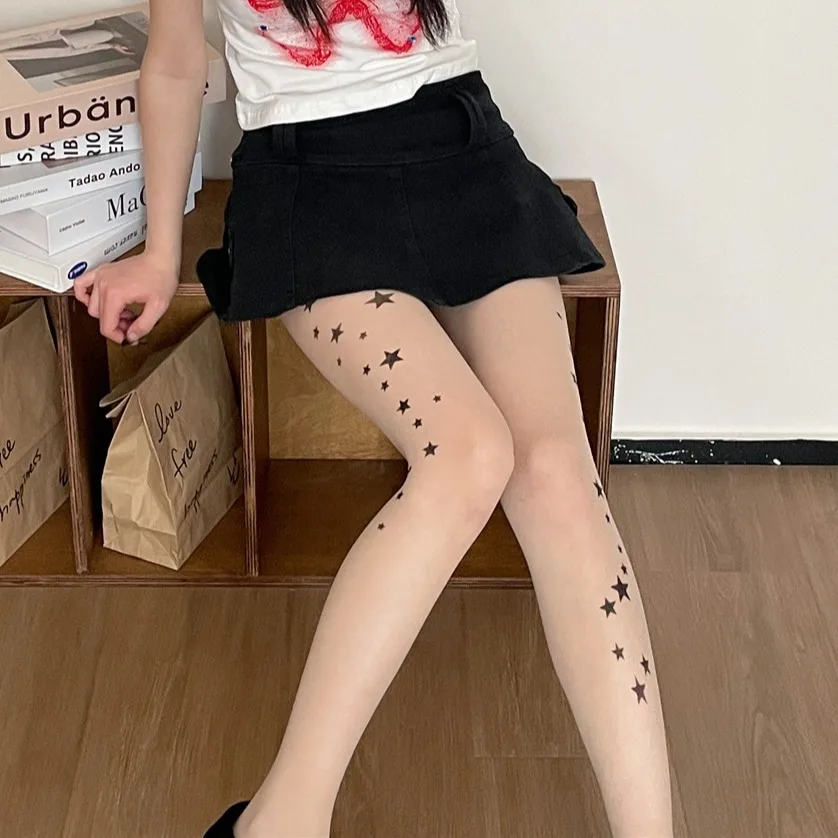 Y2K Star Printed Silk Stockings Japanese Kawaii Cat Tattood Print Pantyhose Lolita JK Tights Gothic Cosplay Party Tights Socks