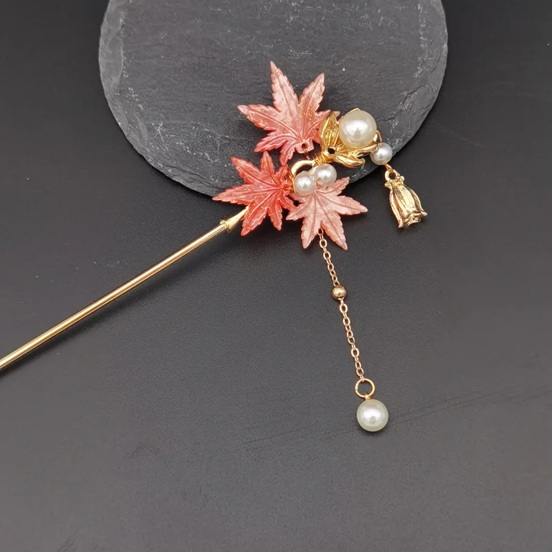 Maple Leaf Hairpin Chinese Hair Stick Pearl Tassel Hair Bun Jewelry Vintage Girls Hanfu Cosplay Hair Clasp Chopstick Retro Tiara