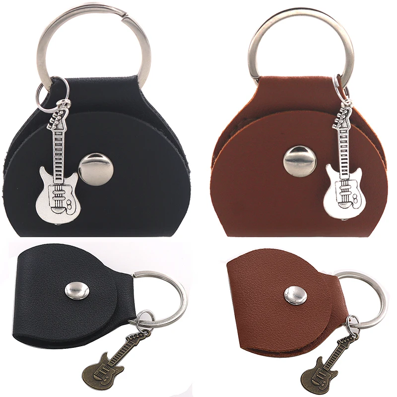 Fashion PU Leather Guitar Pick Holder Keychain Plectrums Storage Bag Case Keyring Bag Pendent Key Chain Charm Music Jewelry Gift