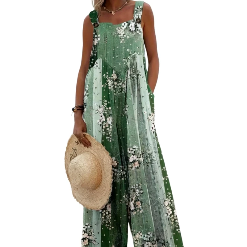 Women's Plus Size 1XL-5XL Fashionable Floral Print Overalls Jumpsuit Ladies Casual Suspender Loose Elegant Wide-Leg Jumpsuit