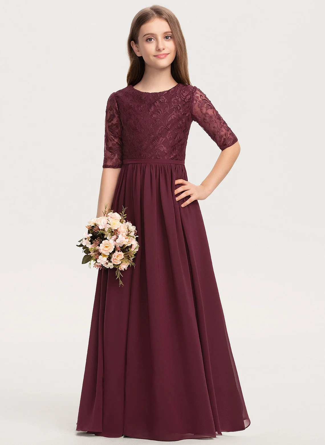 Flower Girl Dresses A-line Scoop Floor-Length Chiffon Lace Junior Bridesmaid Dress With Pleated First Communion Dress