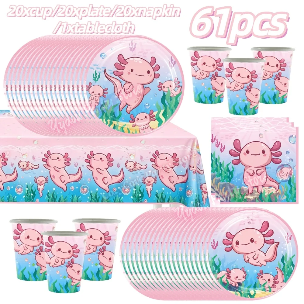 Rosa Salamander Geburtstagsparty-Zubehör Cartoon Axolotl Teller Becher Banner Luftballons für Kinderparty-Geschenke Babyparty Fotobox – Detail 14