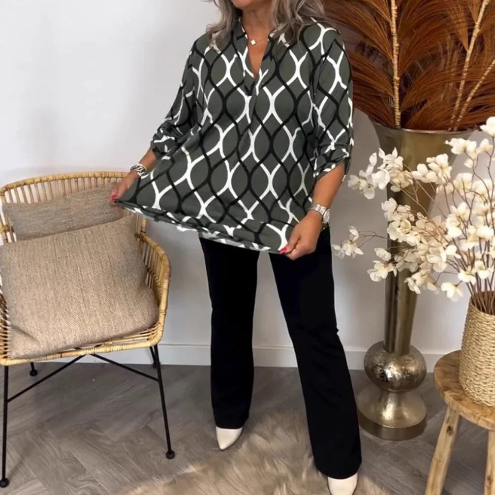 2026 Women's New Spring and Summer Geometric Loose Elegant Fashionable Casual Versatile Long Sleeve Printed Shirt for Women