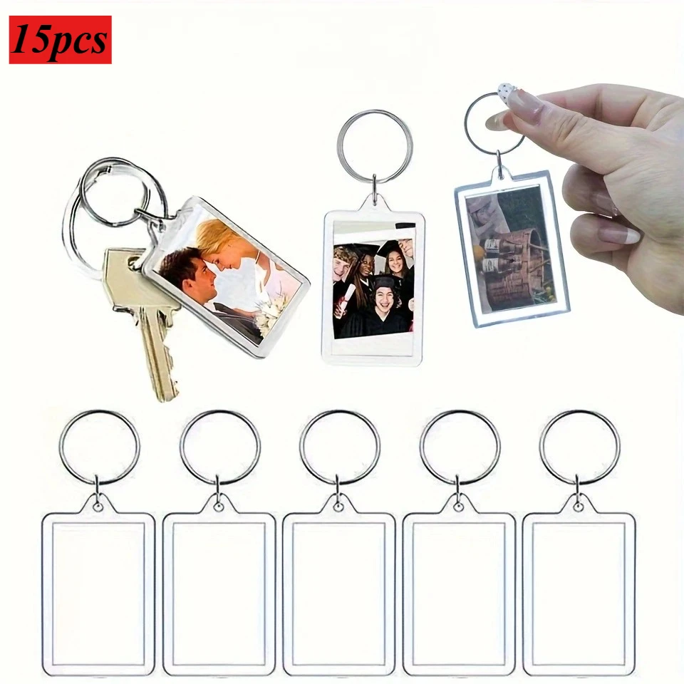 15pcs Creative Simple Blank Photo Keyrings Acrylic Blank Picture Insert Keychain Double Sided Clear Key Ring Photo Holder DIY Pa