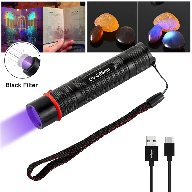 TOPCOM luz UV 365nm antorcha recargable tipo c usb linterna UV lente blcck 5w antorcha láser con batería 18650 para 2000mAH