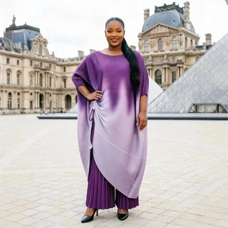 

ANLAN Niche Women's Pleated Two Pieces Set Fashion Loose Fit Drawstr Batwing Sleeve Long Tops And Wide Leg Long Pants 2026 New