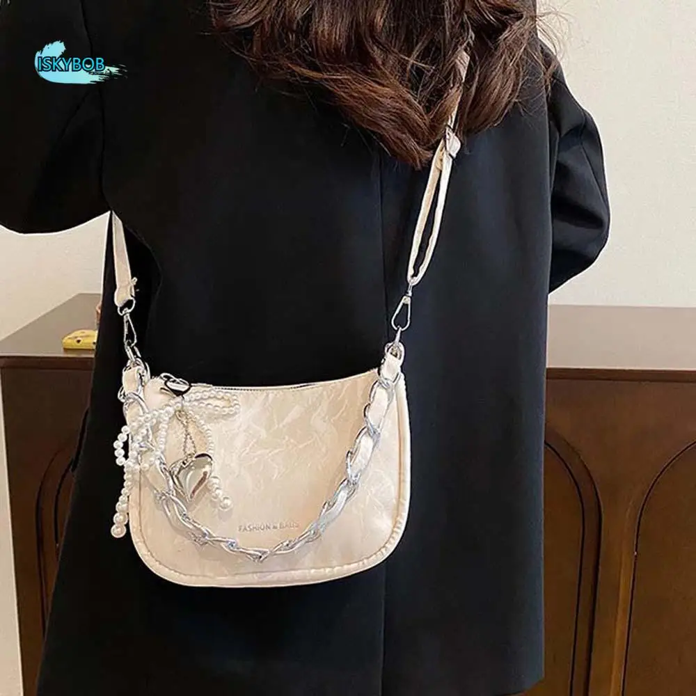 

PU Leather Beaded Bow Underarm Bag Anti-Splash Water Smooth Texture Crossbody Bag Large Capacity Versatile Y2K Chain Handbag