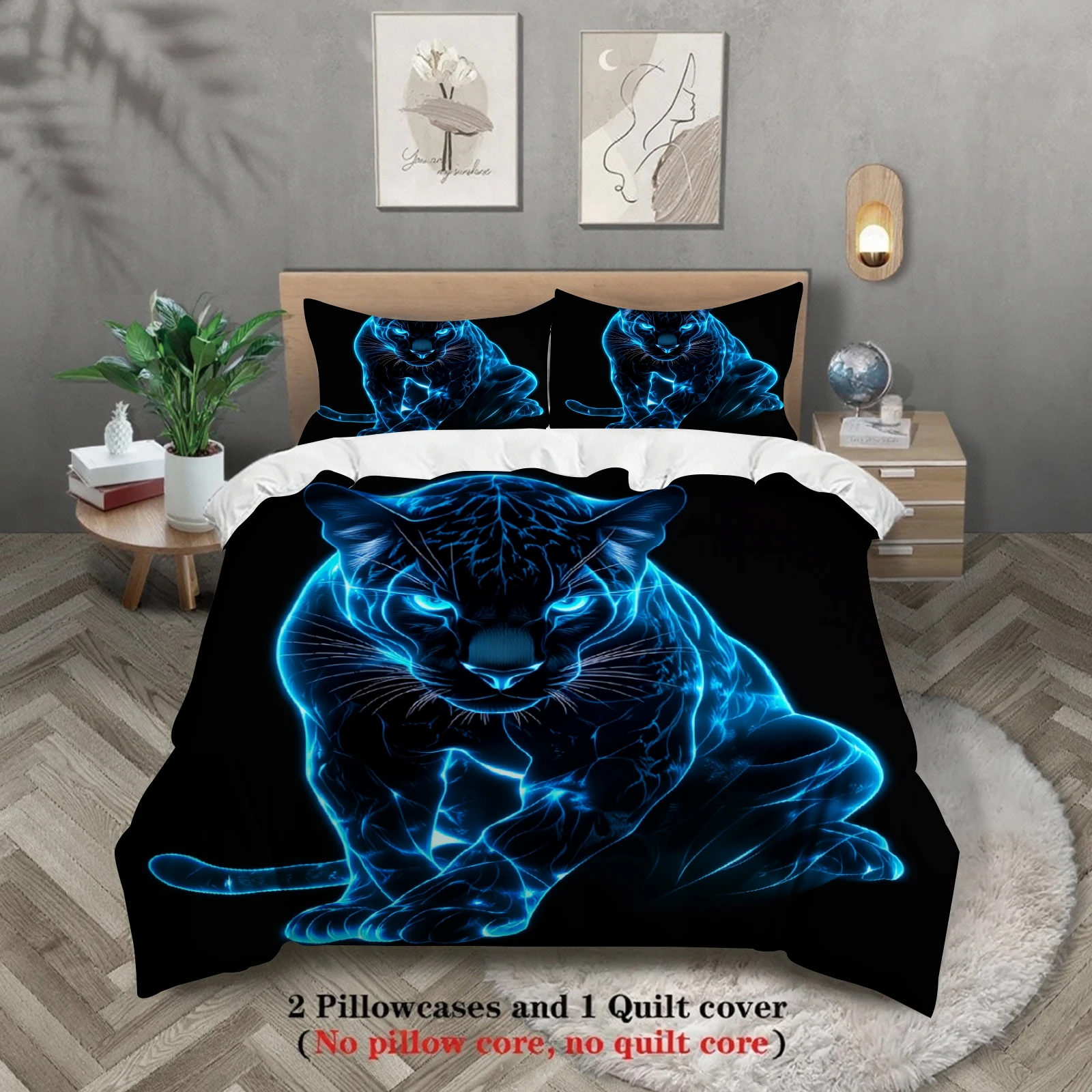 3pcs Panther Bedding Sets 3D Printed Blue Neon Leopard Anti-Slip Durable Duvet Cover Sets With Pillowcases No Filling