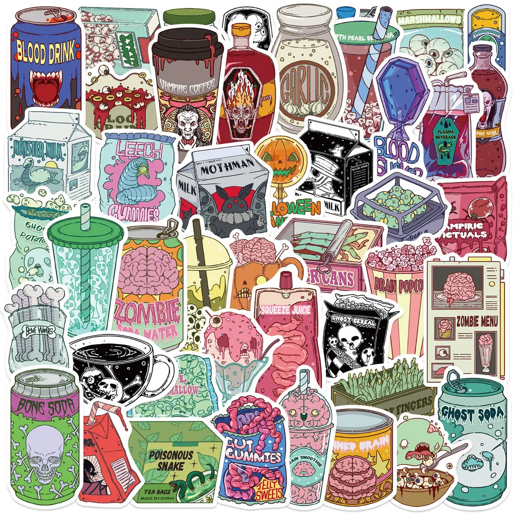 50 Stück Cartoon-Halloween-Graffiti-Aufkleber mit gruseligem Essen zum Selbermachen, wasserfest, dekorative Aufkleber für Gitarren, BulingBulingStickers Store