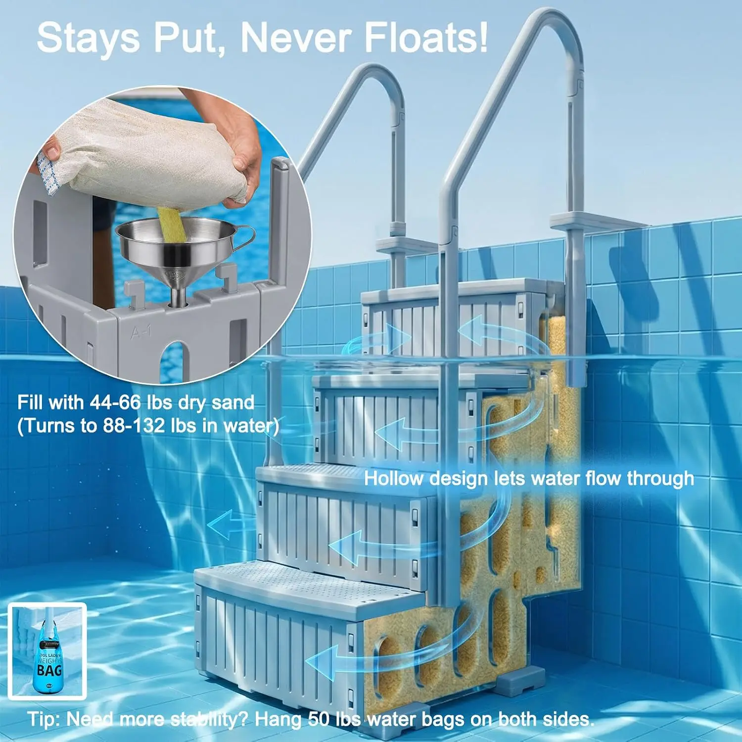 Above Ground Pool Entry Ladder 4 Steps Handrails Anti-Slip Wide Treads Water-Fill Design Fits 48