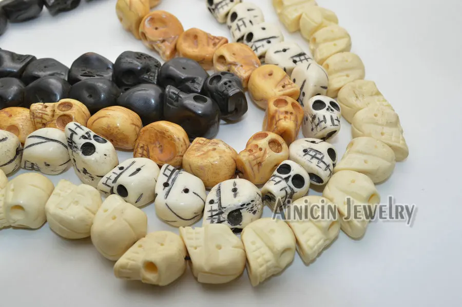 Many Size Genuine Ox Bone Black White Yellow Color Skull Head Carved Strand Loose Beads DIY Jewelry Making Findings 19~50pcs/lot