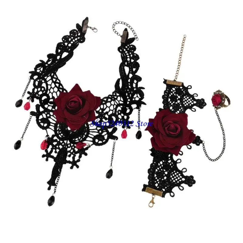 634C 2Pcs Halloween Costumes Jewelry Gothic Steampunk Lace Choker Necklace Finger Rings Bracelet for Wedding Party Cosplay