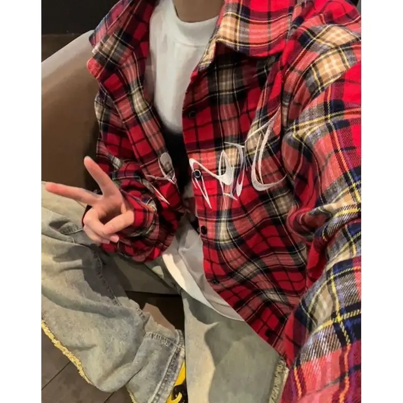 Spring Autumn Red Black Plaid Shirt Vintage Embroidery Long Sleeve Oversized Lapel Shirt Blouse Korean Style Casual Female Shirt