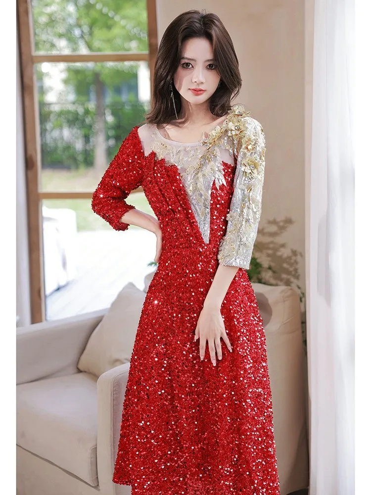 Sequined wine red light luxury niche toasting wedding banquet flash Mom dress