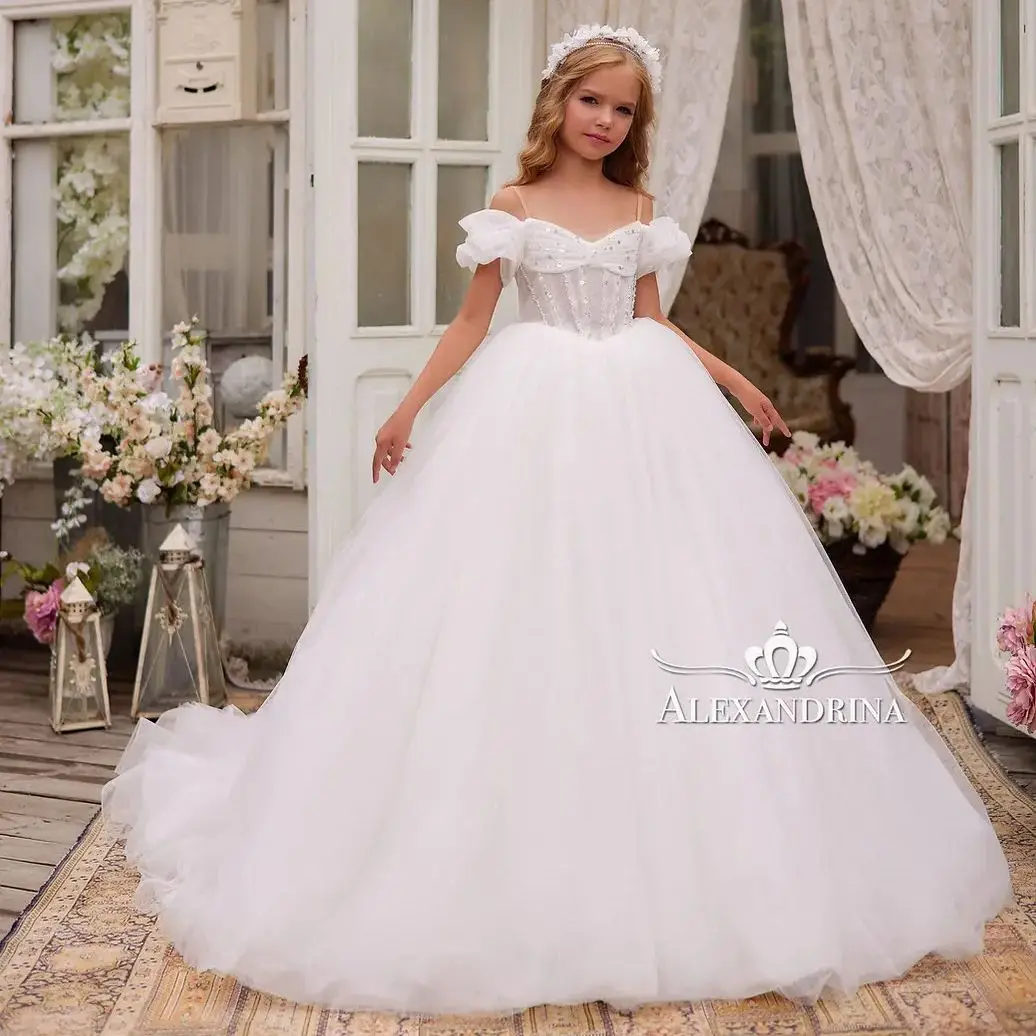 Vestido de menina branca com lantejoulas para crianças, vestidos de casamento encantadores, vestidos de aniversário para crianças de primeira comunhão