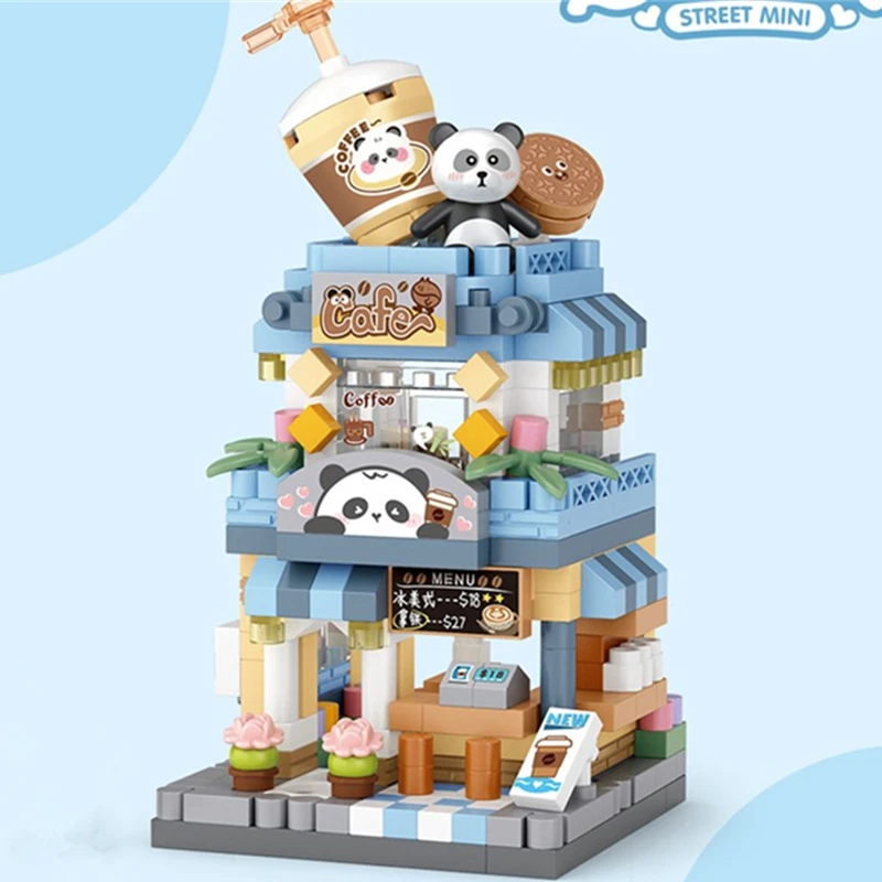 NIEUWE Panda Huisdier Koffie Ijs Bloemenwinkel Winkel Street View Voedsel Huis Bouwstenen Kit Meisjes Bakstenen Model Kinderen Speelgoed Kinderen