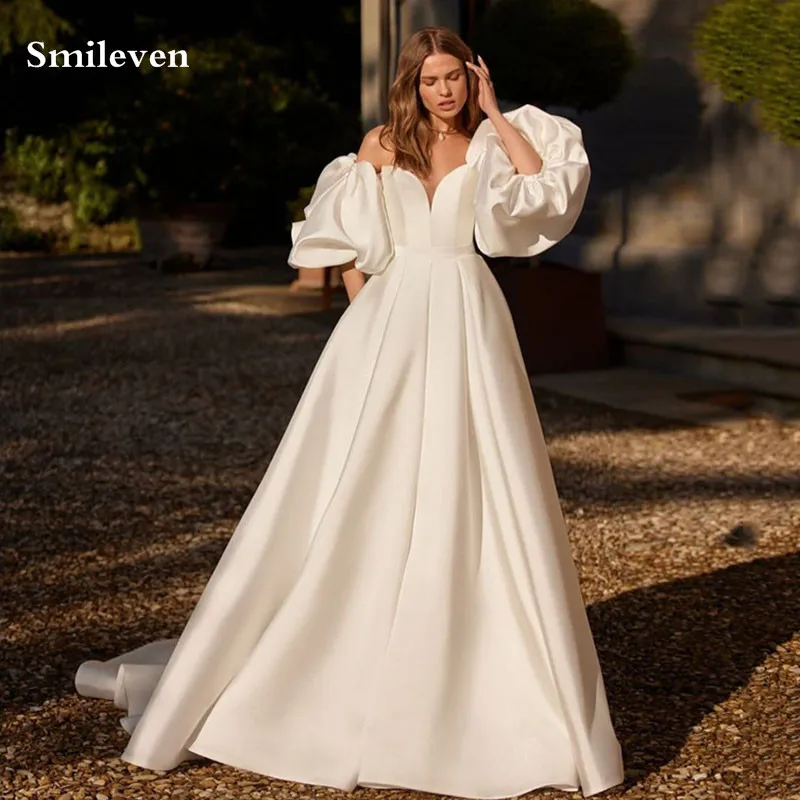 

Smileven Satin Wedding Dress A Line Detachable Sleeve Bridal Gowns Modest vestidos de novia 2024 Bride Dresses