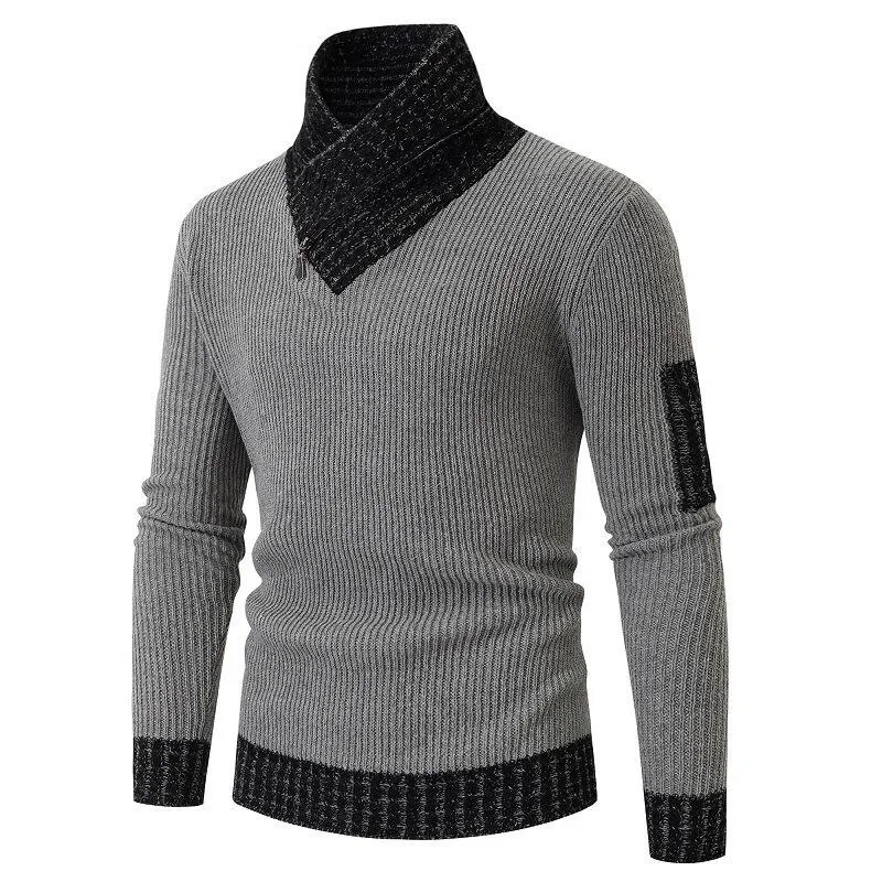 Suéter de cuello de bufanda para hombre, Jersey grueso de punto a rayas, ropa de abrigo informal con bloqueo de color, Otoño e Invierno