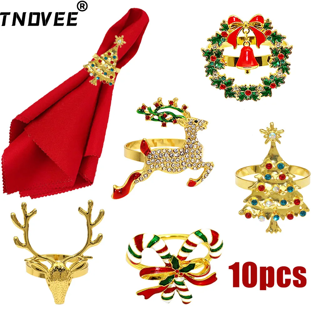 10Pcs Christmas Napkin Rings Set Deer Head Rhinestone Xmas Tree Candy Cane Wreath Napkin Holder for Christmas Party Table Decor