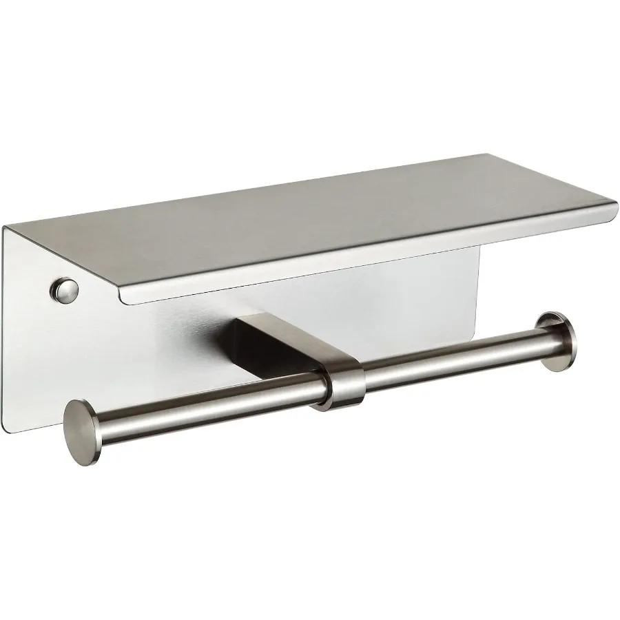 

Wall Mounted Double Toilet Paper Holder with Integrated Shelf and Brushed Nickel Finish for Bathroom Storage and Organization I
