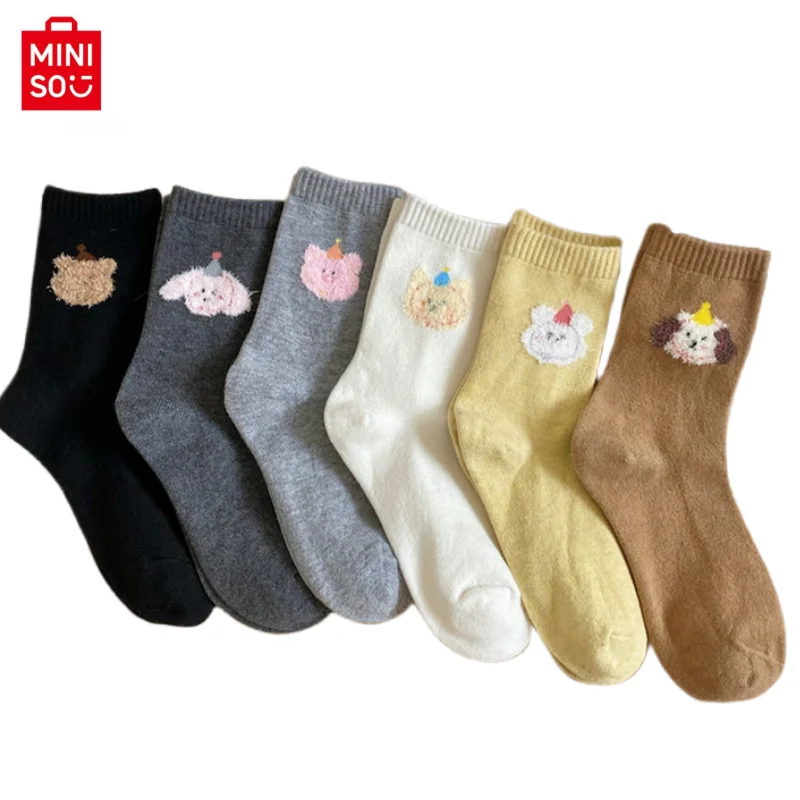 New cashmere cartoon cute socks for warmth autumn and winter mid tube socks for heat storage thickened plush cartoon teddy bear